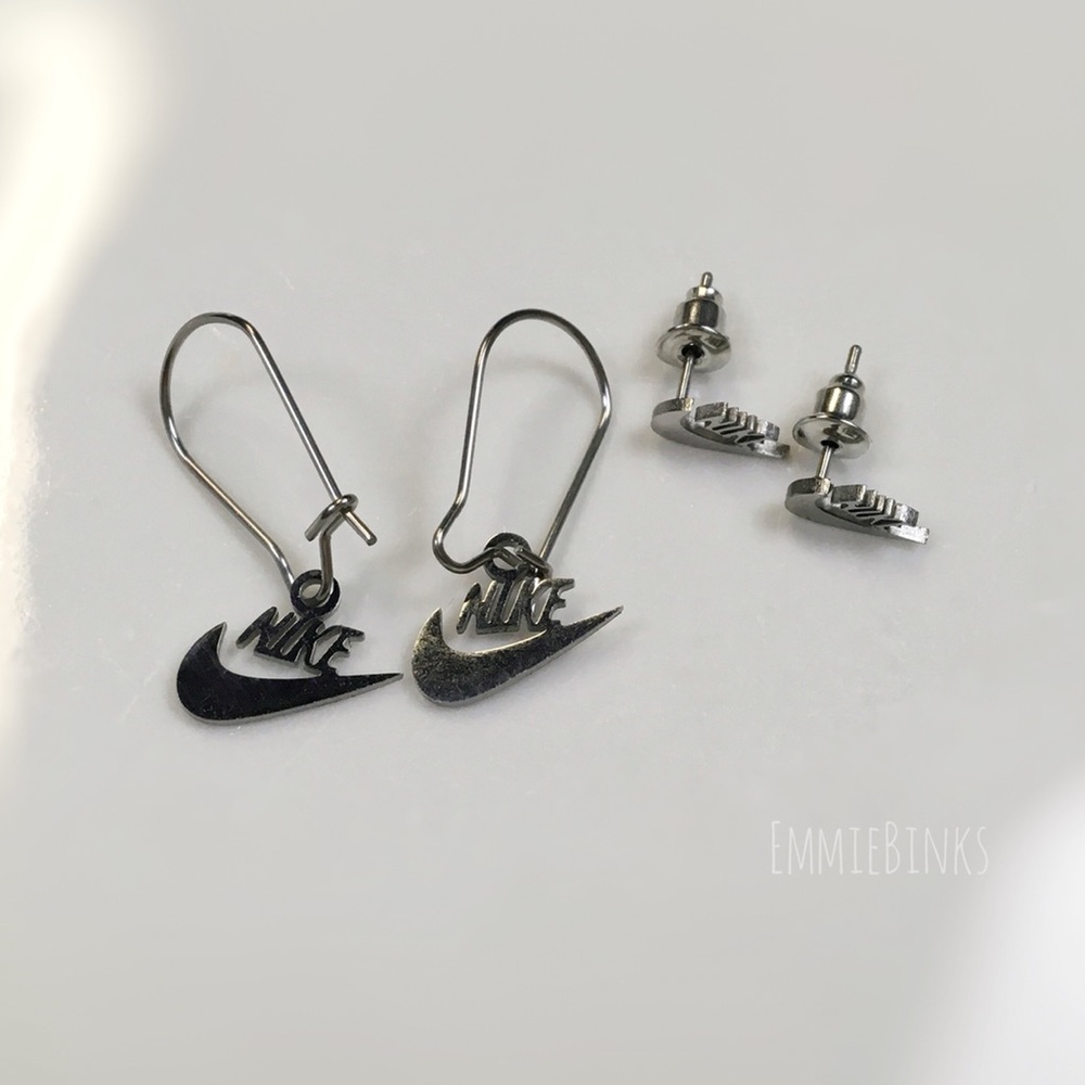 New NIKE Swoosh Stainless Steel Laser Earrings / Minimalist Nike Cutout Set - Picture 3 of 16